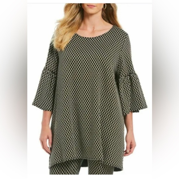 Bryn Walker Diego Diamond Jacquard Bell Sleeve Black Ivory Print Tunic Top Small - Picture 5 of 5